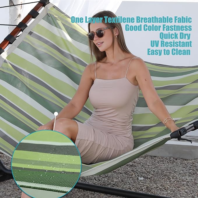 TegerDeger 12FT 2 Person Hammock Large Hammock Quick Dry 450LB Capacity with V Shaped Hardwood Spreader Bar &amp Nylon Rope for Outside Patio Garden Backyard Beach Poolside - Tender Green Stripe