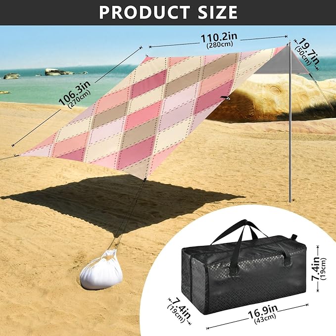 xigua Plaid Beach Tent Sun Shelter with Carrying Bag - Silver Coated Oxford Fabric Beach Canopy for Beach Camping Fishing - Includes Windproof Ropes Sandbags &amp Stakes