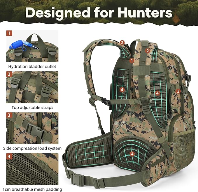 Maelstrom Hunting Backpack for Men Women Waterproof Hunting Pack with Rain Cover Long-Lasting 35L Camo Tactical Day Pack for Rifle Bow Gun