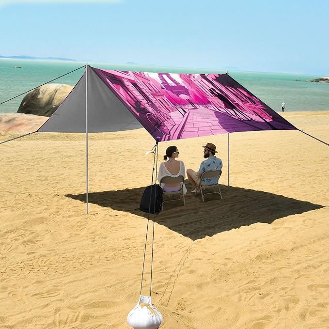xigua Eiffel Tower Beach Tent Sun Shelter with Carrying Bag - Silver Coated Oxford Fabric Beach Canopy for Beach Camping Fishing - Includes Windproof Ropes Sandbags &amp Stakes