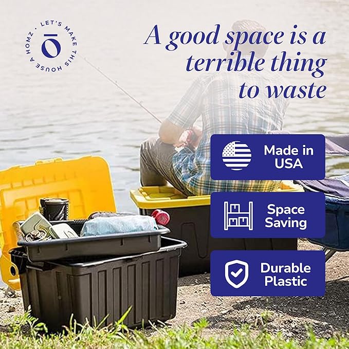 HOMZ 4-Pack Durabilt Tote Heavy Duty Plastic Storage Bins with Lids 34 Gallon Black/Yellow - Stackable Organizing Containers for Home Garage and Office