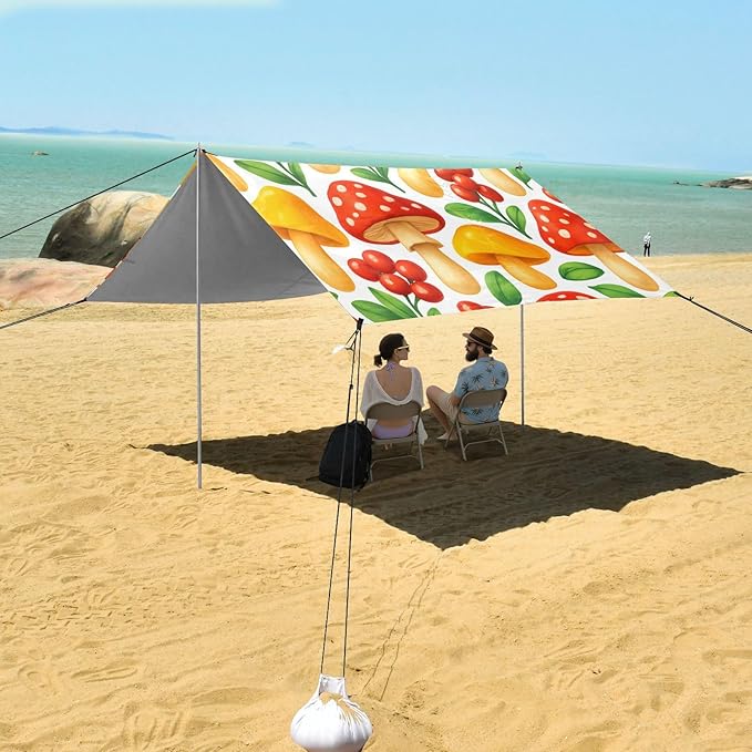 Beach Canopy with Windproof Ropes &amp Sandbags Beach Tent Sun Shade Sun Shelter for Camping Trips Fishing Backyard Fun or Picnics Mushroom