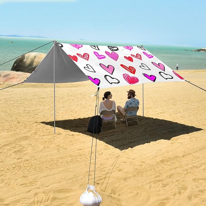 Beach Canopy with Windproof Ropes &amp Sandbags Beach Tent Sun Shade Sun Shelter for Camping Trips Fishing Backyard Fun or Picnics Heart