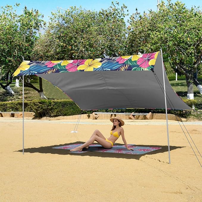 ALAZA Tropical Flowers Leaves Hawaiian Beach Tent Sun Shelter UPF50+ Protection Beach Shade Canopy w/ 4 Sandbags for Outdoor Camping Fishing Backyard Fun Picnic 10x9 ft