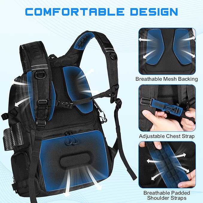 50L Fishing Tackle Backpack with Removable Lure WrapsInclude (4) 3600 Tackle Boxes 2 Rod Holders Storage Fishing Gear and Equipment
