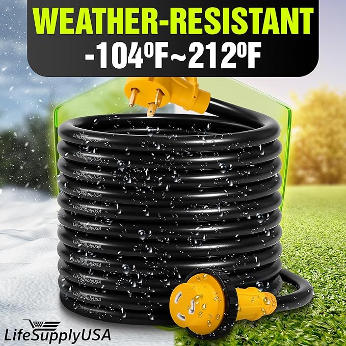 50ft RV Extension Cord 30 AMP (TT-30P/L5-30R) with Twist-Lock Connector and Grip Handle Hook and Loop Strap - STW 10/3 AWG 125 Volt - Heavy Duty - by LifeSupplyUSA