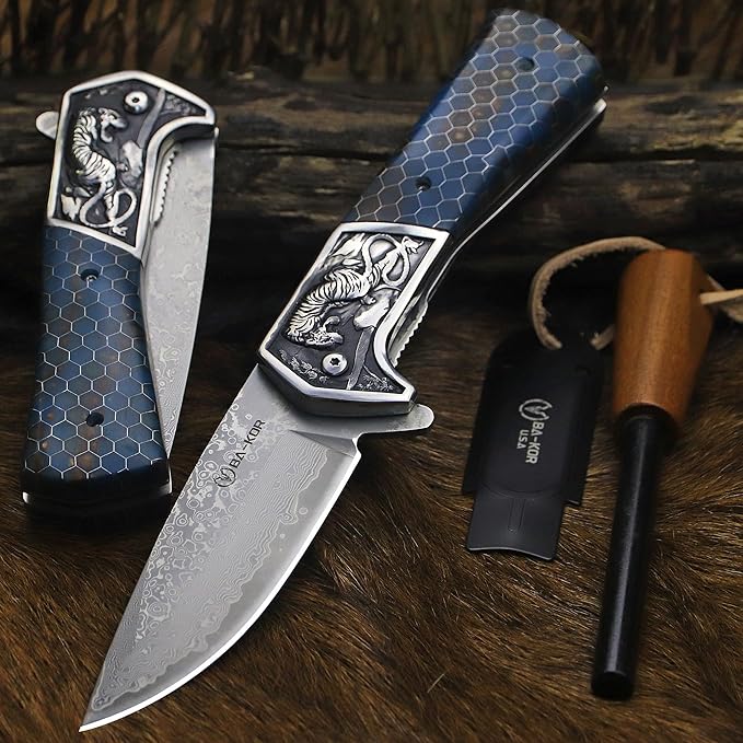 BA-KOR B21A Devil Tiger (XL) 248mm Damascus pocket knife featuring stainless steel and resin aluminum honeycomb-pattern handle &amp(5.9IN) cerium igniter suitable for both men and women as a campin