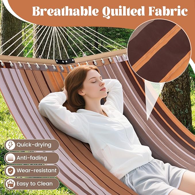 Tangkula 10.5FT Double Hammock Heavy Duty Outdoor Hammock with Curved Spreader Bars Detachable Pillow 2 Person Hammocks for Outside Porch Patio (Stand is not Included) (Coffee)