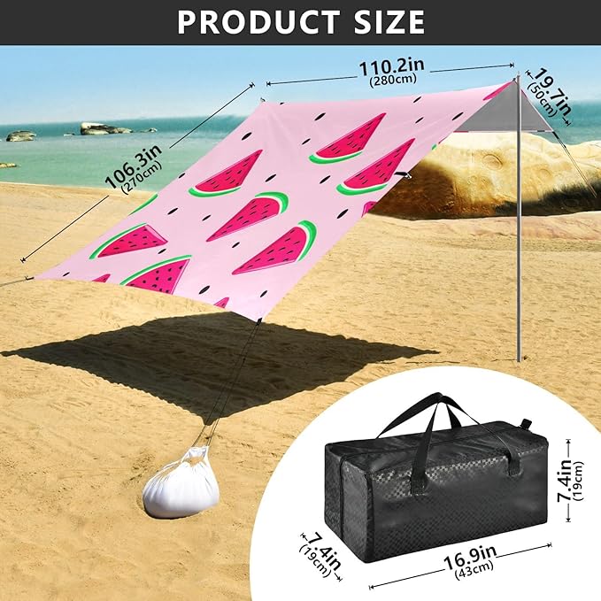 Beach Canopy with Windproof Ropes &amp Sandbags Beach Tent Sun Shade Sun Shelter for Camping Trips Fishing Backyard Fun or Picnics Watermelon