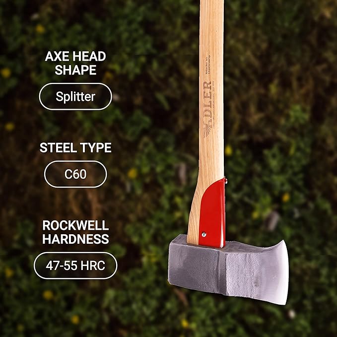 Adler Super Splitter – German Forged Splitting Axe 6.2 lb Hollow-Forged Wedge Maul 31 Hickory Handle with Anti-Slip Grip Heavy Duty Firewood Axe with Premium Leather Sheath (A11)