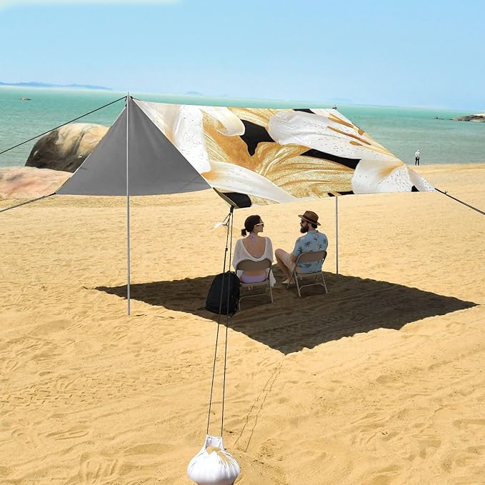 ALAZA White Golden Lily Beach Tent Sun Shelter Portable Canopy Sunshade for Outdoor Camping Picnics Backyard Fun 10x9 ft