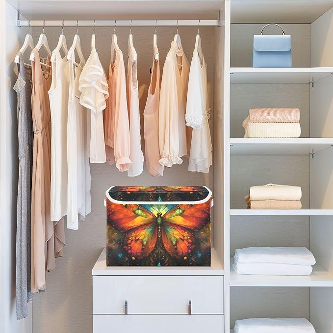 AIXIWAWA Lidded Storage Cube (Aesthetic Butterfly) Fabric Foldable Closet Bins with Flip Lid and Handles Organizer Basket Container 16.5 x 12.6 x 11.8 IN