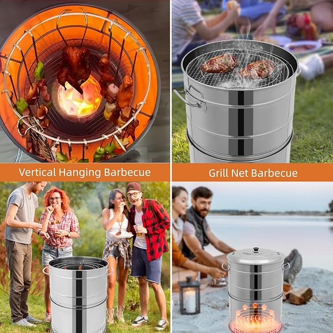 2-in-1 Vertical Smoker Barrel Grill Portable Charcoal BBQ 360° Smokeless Stainless Steel BBQ Grill Barrel for Outdoor Barbecue Camping And Backyard Cooking (Large-50 Skewers)