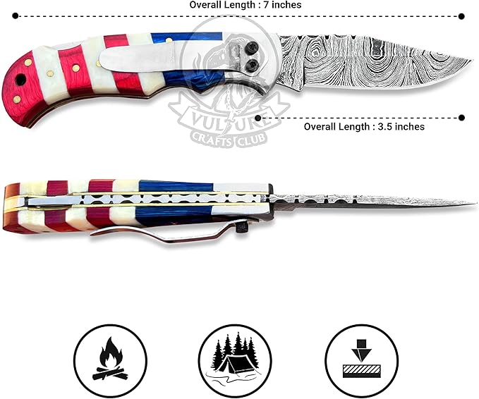 Damascus Steel Pocket Knife with Clip and Leather Sheath - EDC Knife for Outdoor and Camping Activities Handmade Folding Knife Free knife Sharpner (American Flag handle) (American Flag Handle)