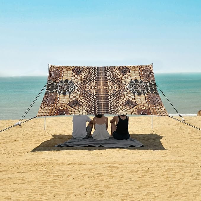 Vintage Snake Skin Print Beach Tent Sun Shelter Set UPF50+ UV Protection 10.5 x 9.19 FT Camping Shade Canopy with Sandbags Sand Anchors Carrying Bag and Others