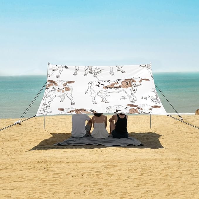 Cow Foldable Beach Tent UPF50+ Waterproof Portable Sun Shelter with Sandbags Sand Shovel Poles for Camping Trips Fishing Backyard Fun or Picnics