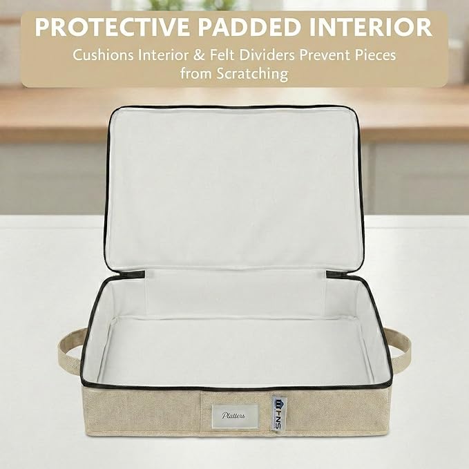 Platter Storage Containers - Hard Shell Protection for Fine China Sturdy Dish Organizer with Dividers for Seasonal Storage Moving &amp More - Protects up to 4 Platters (Beige)
