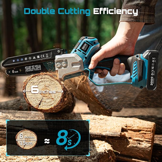 SEESII Brushless Mini Chainsaw 6 Inch Handheld Saw with 2 * 2000 mAh Batteries Cordless Chainsaw with Automatic Oiler Compatible with Makita 18V Battery Electric Saw for Tree Limb Branch Cutter