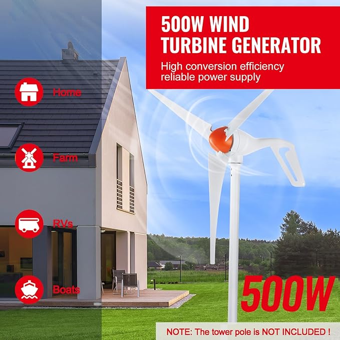Happybuy 500W Wind Turbine Generator with Anemometer 12V Wind Power Kit 3-Blade Wind Generator MPPT Controller &amp Adjustable Windward Direction Ideal for Home Farm RVs Boats