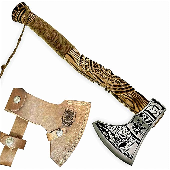 SHINY CRAFTS® Handcrafted Viking Axe – Engraved Nordic Blade with Wooden Handle Norse Bearded Hatchet for Men Unique Gift for Him Collectors Cosplay Camping Medieval Wall Decor (VBA-14)