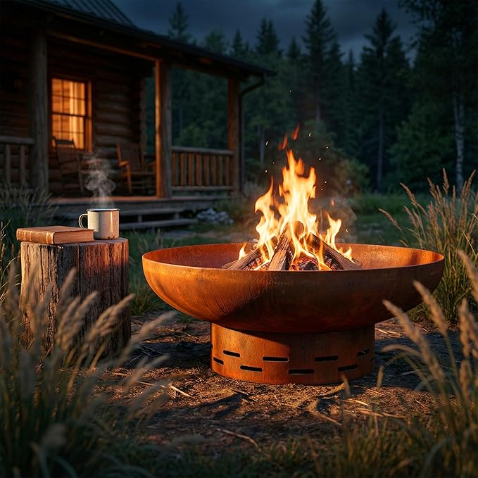 KOL Fire Pit for Outside Wood Burning 27.5 Inch Round Firepit Bowl Outdoor and Patio Heavy-Duty Steel Bonfire Pit Oxidized Finish Free-Standing Camping Backyard Terrace