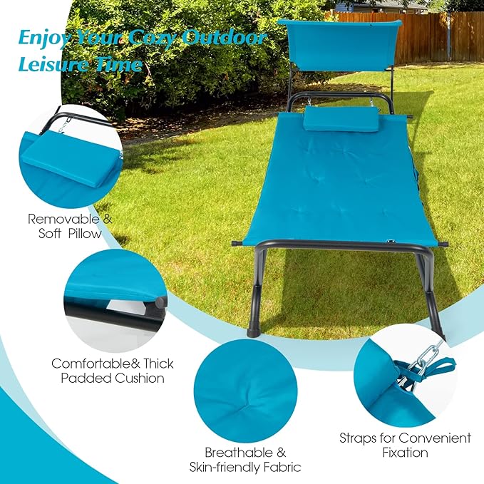 Giantex Hanging Hammock with Stand Patio Hanging Chaise Lounge Chair w/Canopy Cushion Pillow &amp Storage Bag Heavy Duty Swing Hammock Bed for Garden Lawn Backyard Patio Poolside Porch (Blue)