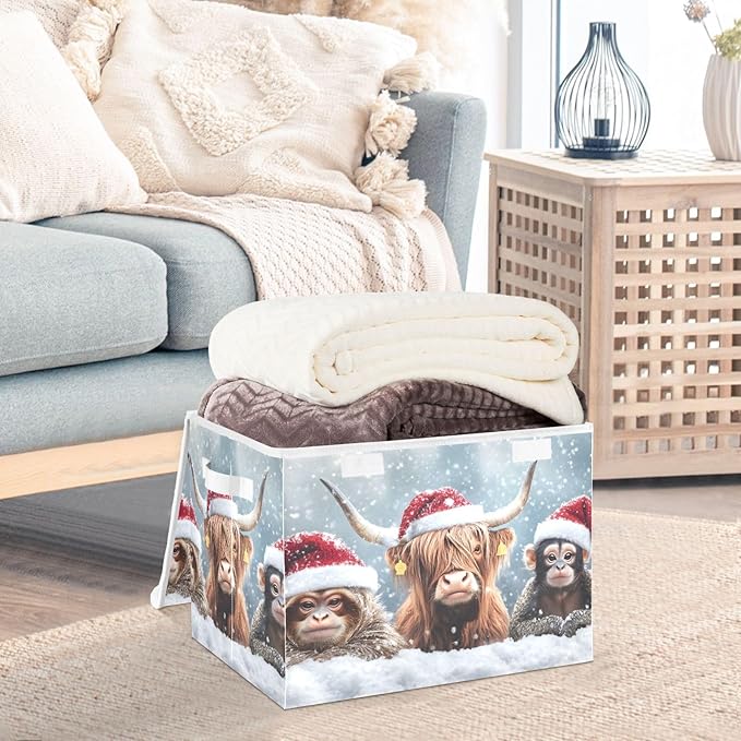 Storage Cube with Lid Christmas Cow Monkey Print 16.5×12.6×11.8 IN Collapsible Large Capacity Foldable Storage Basket Bin Organizer