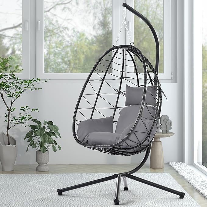 Hanging Egg Chair with Stand Black Wicker Rattan Swing Egg Chair Indoor Outdoor Swing Chair for Patio Balcony Porch Bedroom 350 LBS Capacity (Dark Gray)