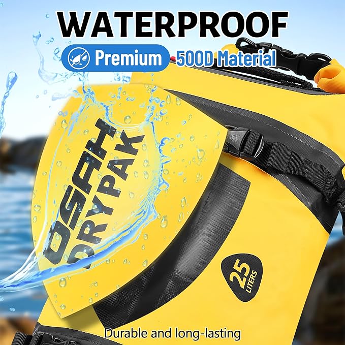 OSAH DRYPAK 25L Waterproof Dry Bag - Motorcycle Luggage Tail Bag with Straps for Back Seat Roll Top Lightweight Waterproof Backpack Sack for Travel Swimming Boating Kayaking Camping and Beach