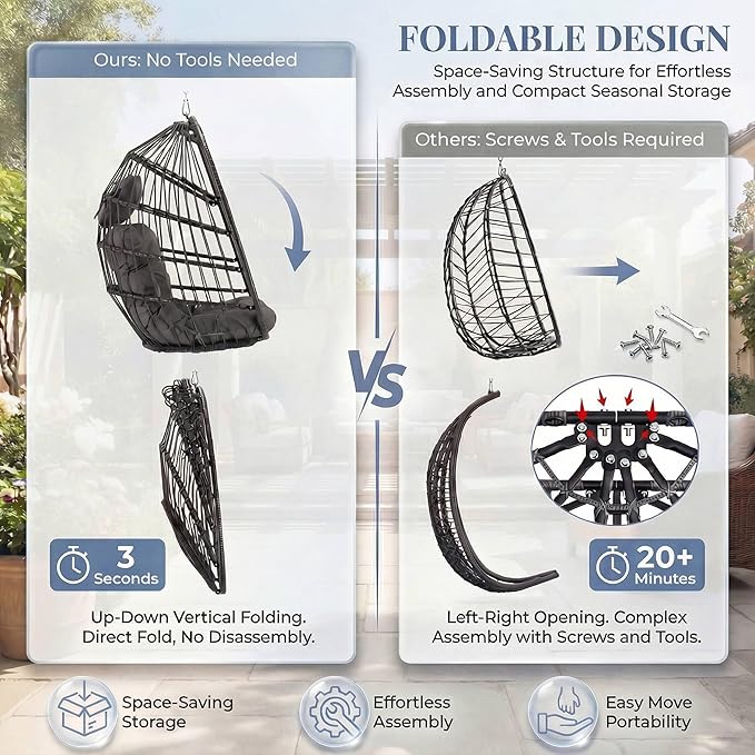 Nicesoul Patio Hanging Egg Chair No Stand Foldable Ceiling Egg Basket Chairs Without Stand Indoor Outdoor 350lbs Egg Shell Swing Hammock Chair with Cushion for Backyard Balcony Outside Dark Grey