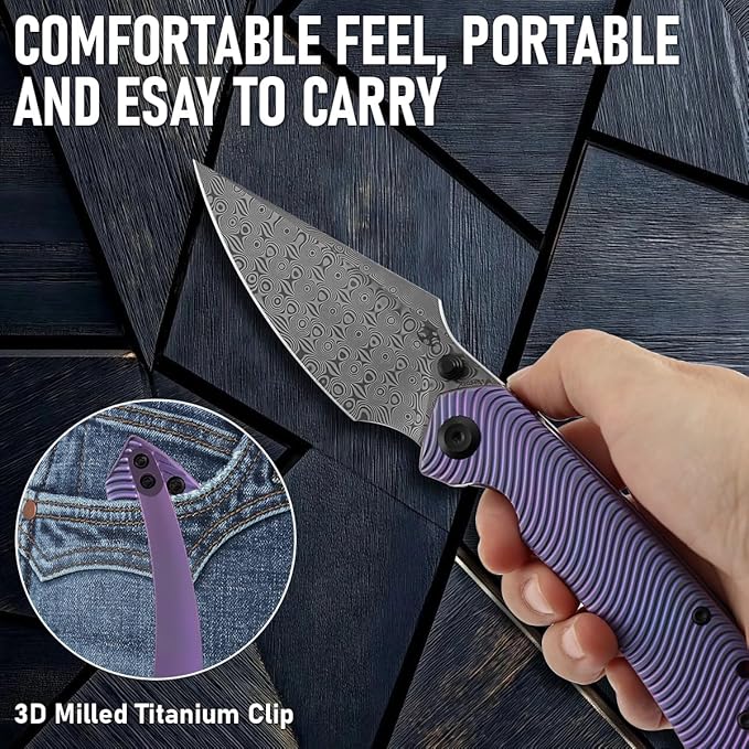 KANSEPT Fenrir Pocket Knife 3.48 Damascus Blade with Flipper and Thumb Stud Frame Lock for Camping Outdoor with Purple Anodized Titanium Handle and Micro-Milled Water Ripple Texture K1034C5