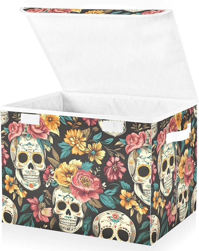 Storage Cube with Lid Mexican Skulls Print 16.5×12.6×11.8 IN Collapsible Large Capacity Foldable Storage Basket Bin Organizer