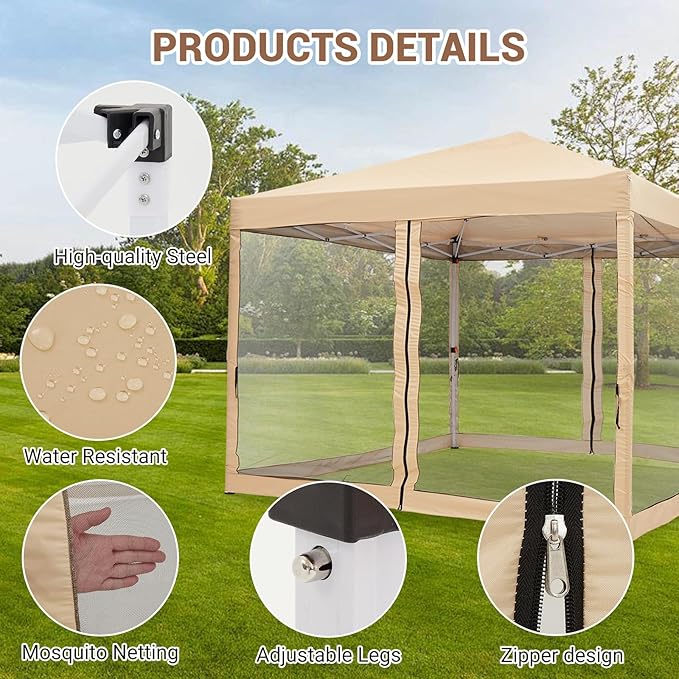 Quick Setup Pop Up Canopy Tent 10x10ft – Waterproof Outdoor Shade Gazebo Mesh Mosquito Netting Sidewalls Portable Shelter for Camping Patio Beach Parties Events