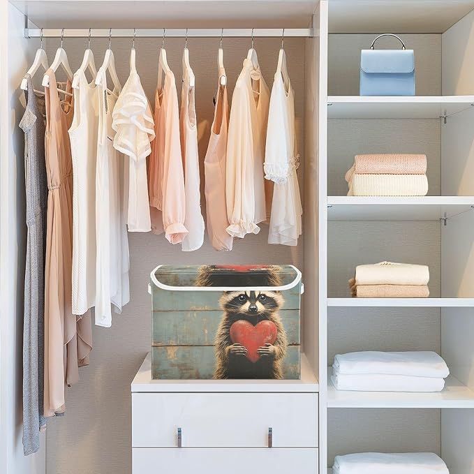 Storage Cube with Lid Wood Raccoon Print 16.5×12.6×11.8 IN Collapsible Large Capacity Foldable Storage Basket Bin Organizer