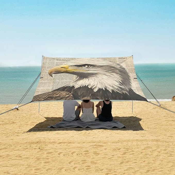 ALAZA Bald Eagles Vintage Newspaper Beach Tent Sun Shelter Portable Canopy Sunshade for Outdoor Camping Picnics Backyard Fun 10x9 ft