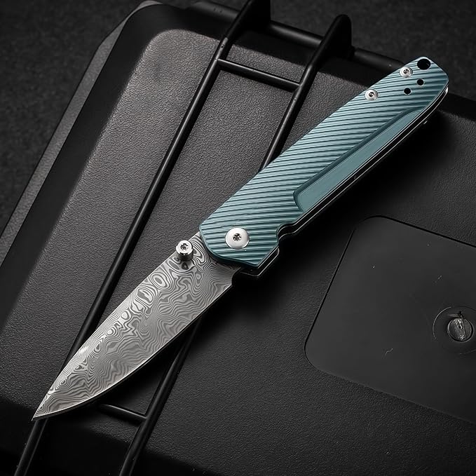 Damascus Steel Knife Knives HRC 61Damascus Steel Folding Pocket Knife with Titanium Handle Knives for Men Gifts for Hunters Men who have Everything Camping EssentialsGift Ideas for Boyfriend