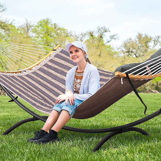 SUNCREAT Hammocks for Outside with Stand Porch Hammock and Stand 475 lbs Capacity Patent Pending Gray Stripes