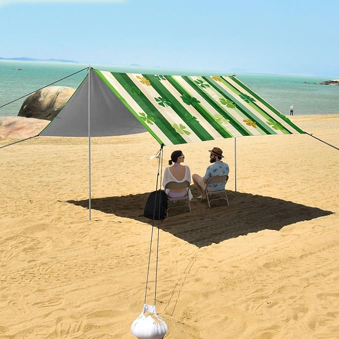 St Patrick's Striped Shamrocks Beach Tent Sun Shelter Set UPF50+ UV Protection 10.5 x 9.19 FT Camping Shade Canopy with Sandbags Sand Anchors Carrying Bag and Others