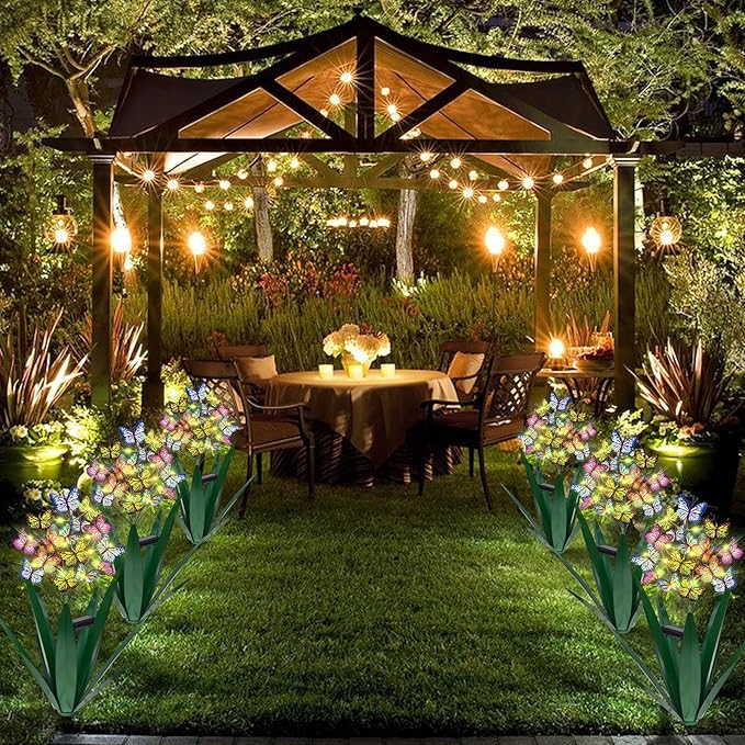 Homight Solar Metal Agave Butterfly Flower Stick Garden Sculpture - Outdoor Gift Christmas Lights Swaying Butterfly Sunflower Lights - Solar Outdoor (2 pcs Green)