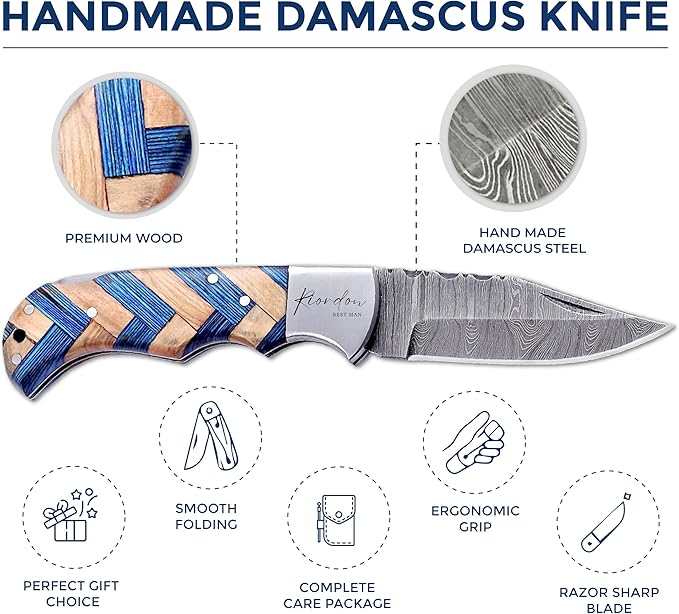 Custom Pocket Knife gifts for Men Personalized Damascus Folding Knife Engraved Gifts for Him Dad Boyfriend Husband Anniversary Groomsmen Gifts. Custom Knife for Camping Hunting Everyday Carry (