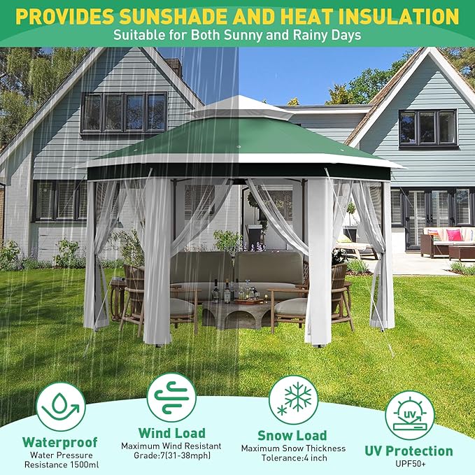 Pop-Up Gazebo 13 * 13 ft 6 Sided Canopy Tent with Mesh Windows &amp Portable Carry Bag Adjustable Tent Outdoor Pergola for Backyard &amp Patio Furniture (Green + Beige)