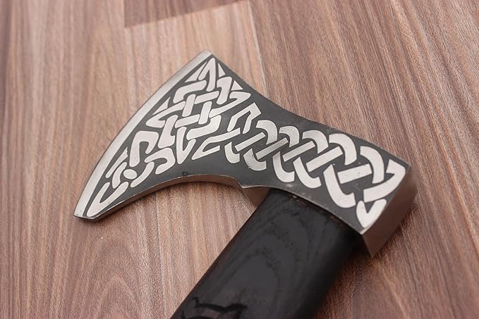 Handmade Wooden Axe with Intricate Carvings On Wooden Handle and Metal Head 19 inches The Axe Handle is When You Hold It