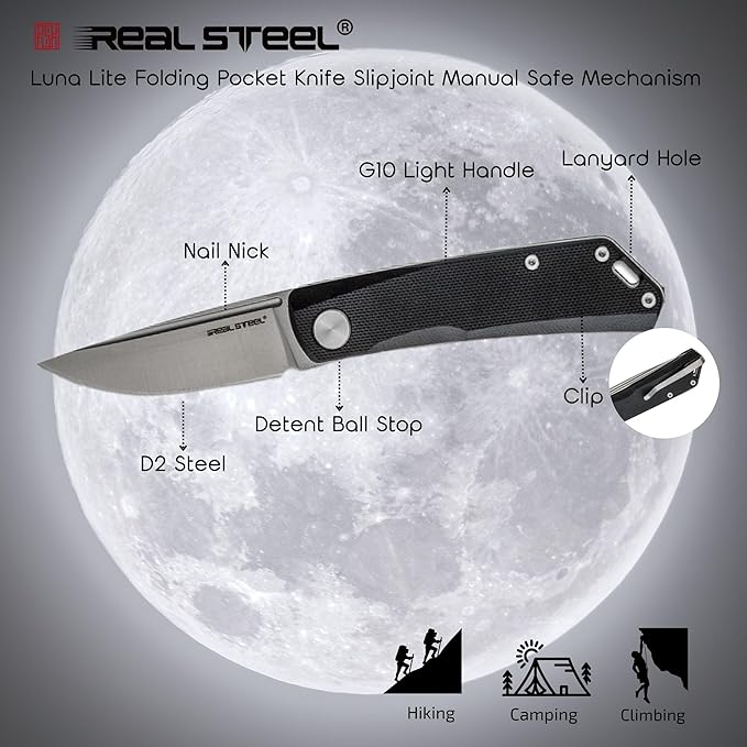 REALSTEEL Luna Lite Slipjoint Folding Pocket Knife - D2 Blade and Coyote G10 Handles - Perfect for Camping Hiking Daily Cutting Tasks - EDC Knife for Men Women (Satin/Black)