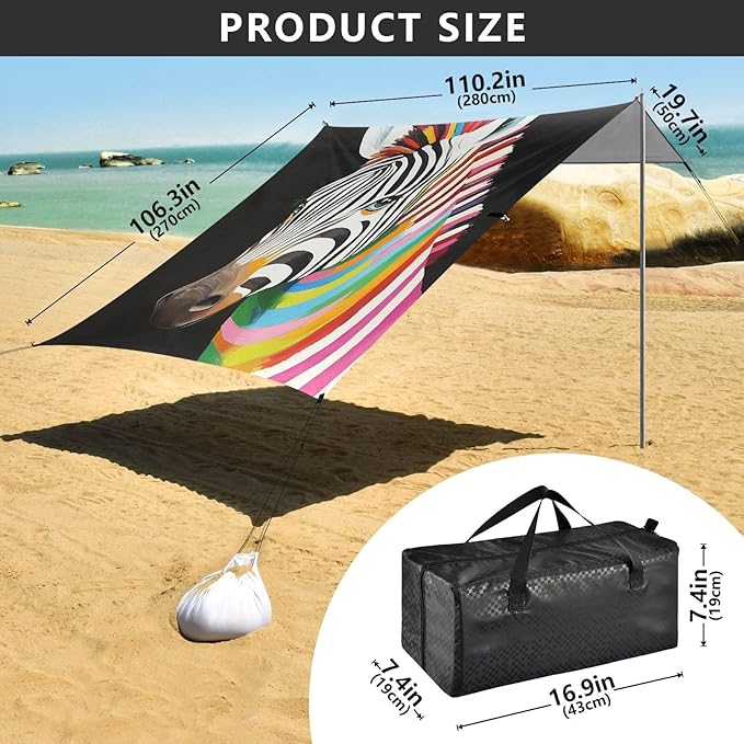 ALAZA Colorful Stripes Zebra Beach Tent Sun Shelter Portable Canopy Sunshade for Outdoor Camping Picnics Backyard Fun 10x9 ft
