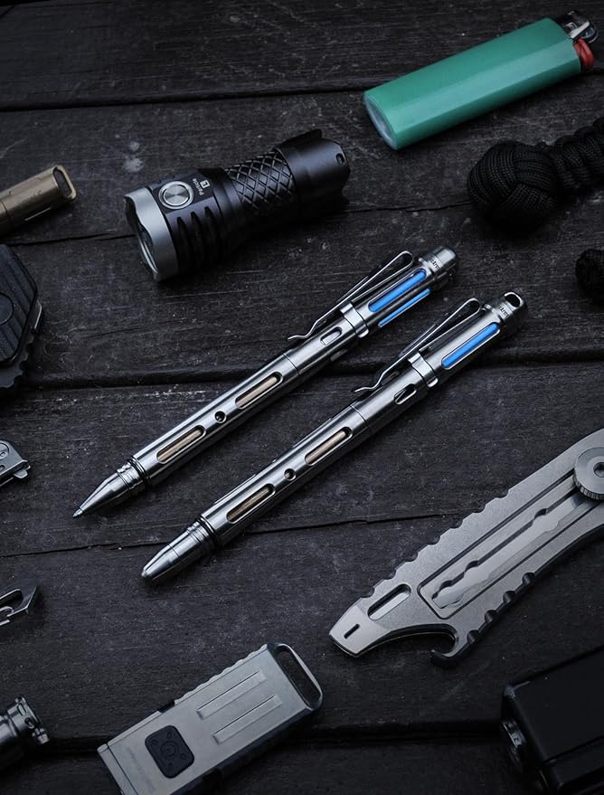 MecArmy TPX25 Titanium Luxury Pen Edc Keychain Pen with Unique Anti-Tilt Shell Fluorescent Bar Pocket Clip for Office Writing Waterproof Multitool with Glass Breaker for Emergency gifts (Titanium)