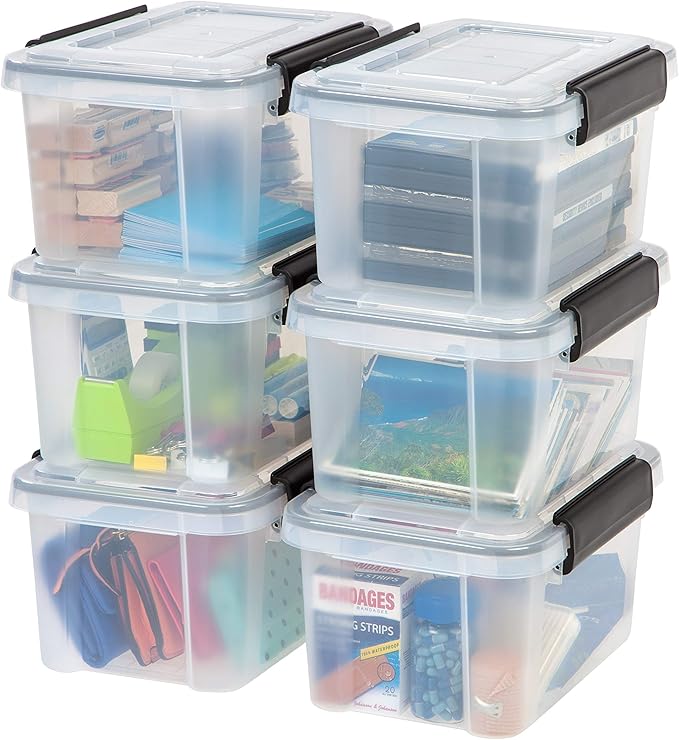 IRIS USA WeatherPro 6 Qt Storage Bins with Lids 6 Pack BPA-Free Plastic Gasket Box with Tight Latch and Seal Stackable Nestable Tote Tub - Clear/Black
