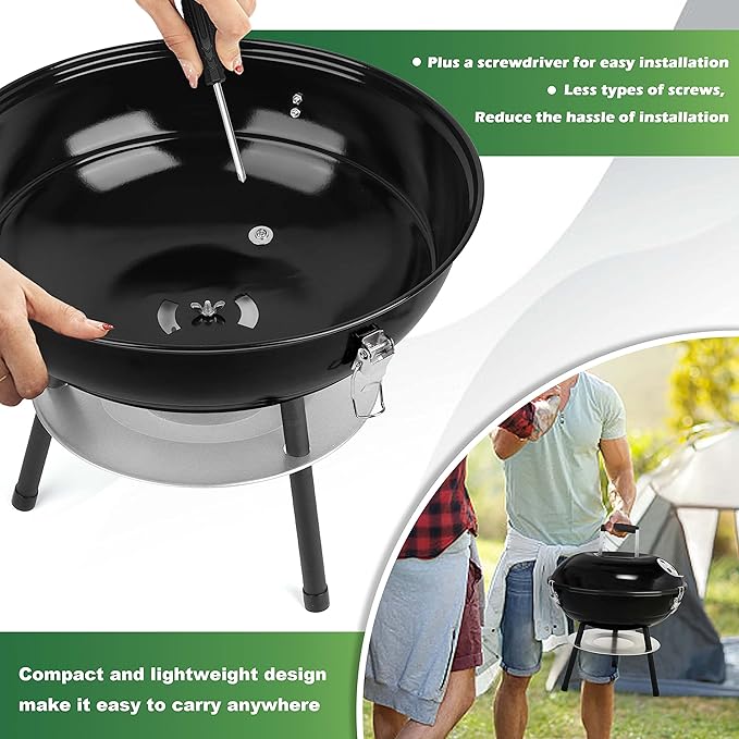 14 inch Charcoal Grill Joyfair Small Portable BBQ Grill with Locking Lid for Outdoor Camping/Patio/Backyard Barbecue/Tabletop Cooking Enamel Coated &amp Dual Vent System (Black)