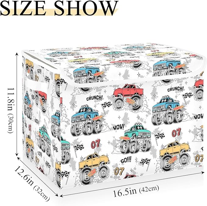 Monster Trucks Lidded Home Storage Bins Closet Storage Bins Foldable Oxford Fabric Storage Box for Home Bedroom Closet Office (16.5x12.6x11.8 in)