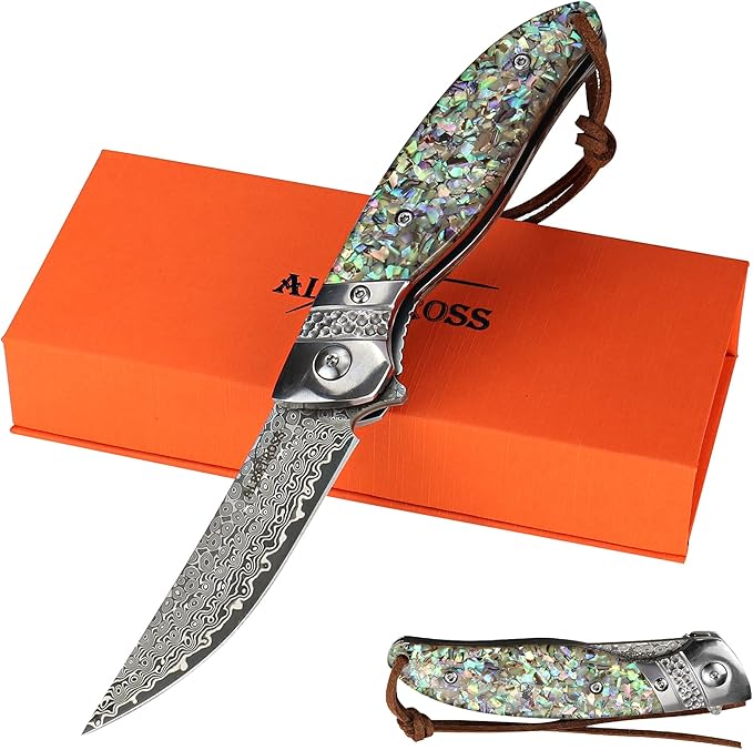 ALBATROSS Premium Damascus Pocket Knife - EDC Folding Knife with Abalone Shell Handle Ball Bearing Opening Liner Lock System - Everyday Carry for Outdoor Hunting Collection - HGDK028-AS