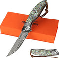 ALBATROSS Premium Damascus Pocket Knife - EDC Folding Knife with Abalone Shell Handle Ball Bearing Opening Liner Lock System - Everyday Carry for Outdoor Hunting Collection - HGDK028-AS